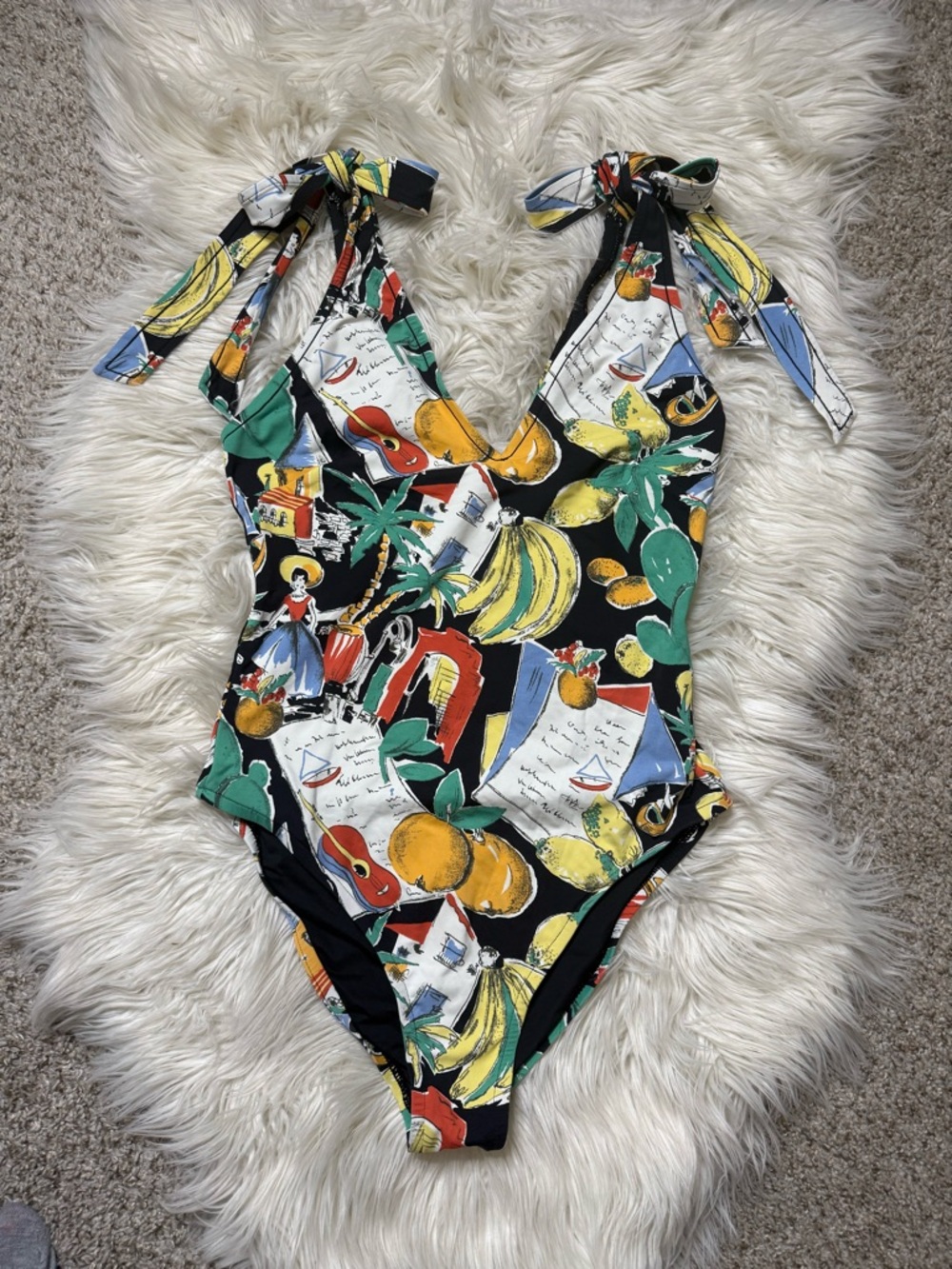 J. Crew Black Postcard Print One-Piece Swimsuit Tie Shoulder Sz 10